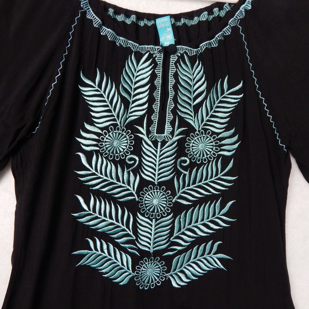 Urban Mango Black Embroidered Peasant Top Boho Festival 3/4 Sleeve Shirt M Artsy